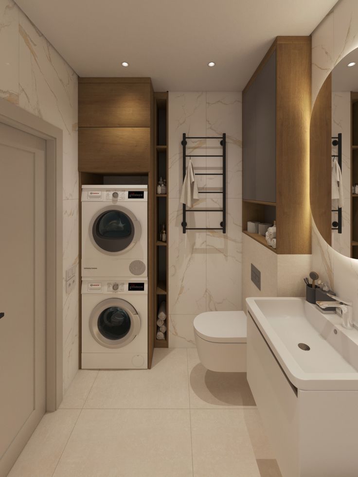 Светлый санузел с хранением под стиральную и сушильную машины