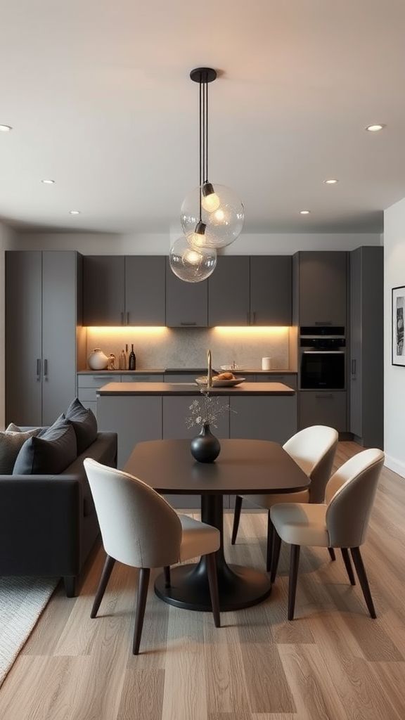 Тёмная кухня-гостиная с графитовыми фасадами, островом и мягкой подсветкой